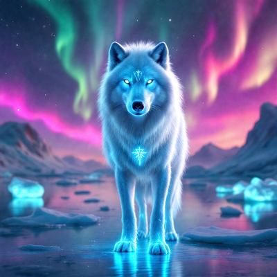 The primary subject of the image is a wolf with blue eyes, standing on a frozen surface. The wolf appears to be looking at the camera, and its eyes are glowing blue. The setting is a snowy environment, with a mountainous background. The visual style of the image is digital art, and the dominant colors are blue and white, creating a cold and icy atmosphere.